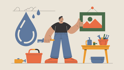 Man painting a large water drop illustration with a paintbrush and bucket representing water conservation and environmental care concepts