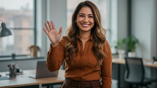 Smiling woman waving hello in a modern office setting