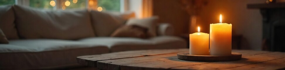 Cozy Evening Living Room Burning Candle, Warm Lighting, Peaceful Atmosphere - Perfect for Home Decor, Blogs & Websites