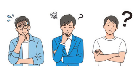 Fototapeta premium Three diverse men pondering with confused expressions and question marks above their heads