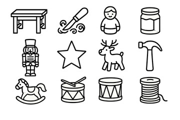 Christmas Workshop outline icon set: toy bench, carving knife, wood shavings, half-finished toy, paint jar, nutcracker, star, reindeer toy, hammer, rocking horse, drum, spool of