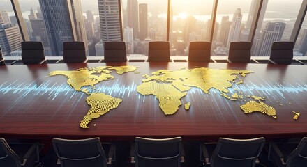Global Business Connection World Map on Conference Table with Cityscape View, International Trade