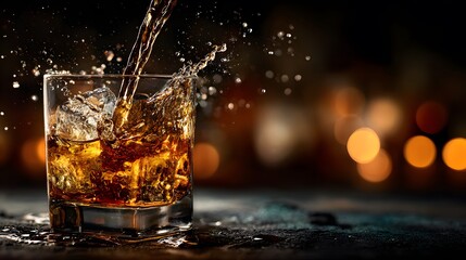 Sophisticated action shot of amber-colored whiskey being poured into a rocks glass with ice, creating a splash against a moody, dark bar background.