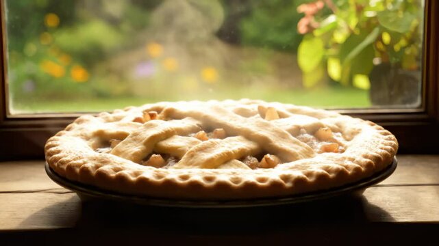 Freshly Baked Apple Pie Steaming on Windowsill in Bright Sunlight