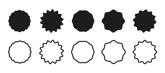 Wavy edge promo badges. Set of stickers in circle shape. Round frame. Blank sale icon. Black Tags for price in star burst shape. Silhouette simple borders. Vintage labels samples.