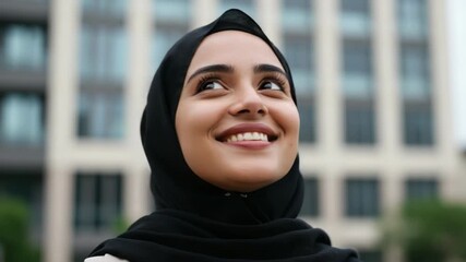 Young muslim woman wearing a black hijab smiles looking up outdoors - Powered by Adobe