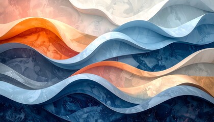 Abstract digital artwork features flowing, layered waves in various colors, including orange, blue, and white, resembling layered stone