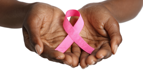 Woman hands holding pink ribbon over transparent white background, breast cancer awareness, cancer awareness day