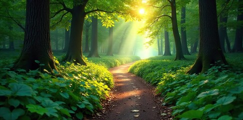 Sun-Dappled Forest Path A Winding Journey into Lush Green Foliage, promising Mystery and Adventure. Ideal for travel, nature, and fantasy projects.