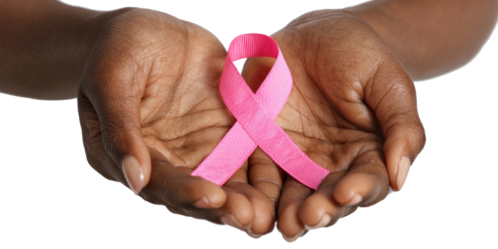 Woman hands holding pink ribbon over transparent white background, breast cancer awareness, cancer awareness day