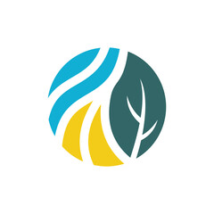 Obraz premium Circular logo featuring abstract representations of water, land, and a leaf.