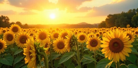 Golden Hour Sunflowers Idyllic Summer Field, Peaceful Rural Scene, Vibrant Blossoms, Nature Growth Warmth