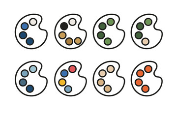 Branding Color Palettes outline icon set: corporate blue scheme, luxury gold-black duo, eco green tones, tech gradient blend, healthcare calm blues, creative multicolor wheel,