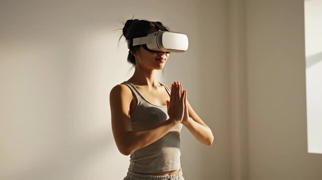 Young asian woman performing virtual reality meditation and yoga in vr headset at home footage - Powered by Adobe