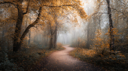 Fototapeta premium A beautiful golden autumn forest scene with a winding path perfect for the holidays.