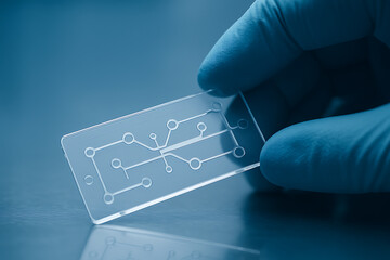 Close-up of a scientist’s gloved hand holding a transparent microfluidic chip, showcasing intricate etched channels used in advanced lab testing and diagnostics.