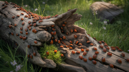 Fototapeta premium Many ladybugs on a wooden log covered with grass and moss
