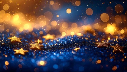 Abstract shimmering scene, featuring sparkling blue and gold bokeh and gold star-shaped objects. Depth of field adds a magical, festive quality