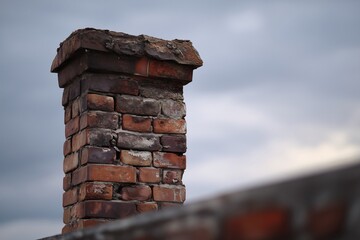 Naklejka premium Weathered Brick Chimney Against Overcast Sky — Rustic Detail