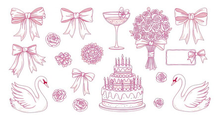 Collection of hand drawn wedding and celebration elements in pink ink isolated on white background