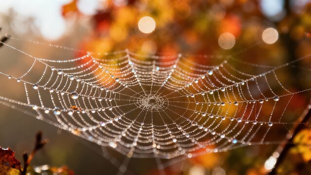 Spider web macro, morning dew, delicate