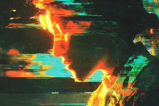 Profile of a person overlaid with intense orange and cyan digital glitch effects and horizontal scan lines.
