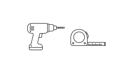 Drill and Tape Measure Outline Illustration for Construction and DIY Projects