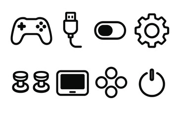 Video Game Gear outline icon set: controller grip, cable connector, toggle switch, settings icon, thumbsticks, console screen, key buttons, power light.