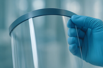 A detailed macro shot of a gloved hand holding a transparent face shield, highlighting the clarity of the visor, the precise grip, and the sterile medical environment in soft blue tones.
