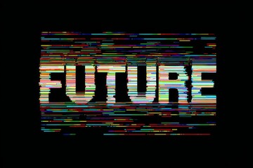 The word future appears with a vibrant, multicolored digital glitch effect over a solid black background.