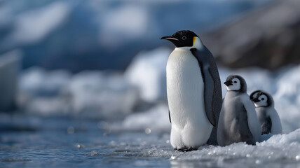 Obraz premium Detailed nature photograph of Emperor Penguin with soft-feathered chicks against glacier backdrop showcasing beauty of polar wildlife and family connection in cold climate