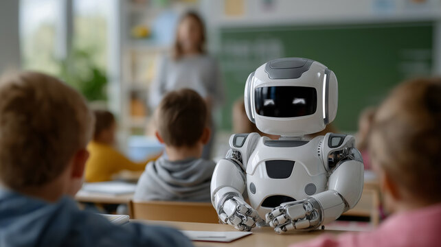 Bright futuristic educational environment featuring robot teacher, digital devices, and interactive displays conveying innovation, diversity, and the evolution of smart classrooms