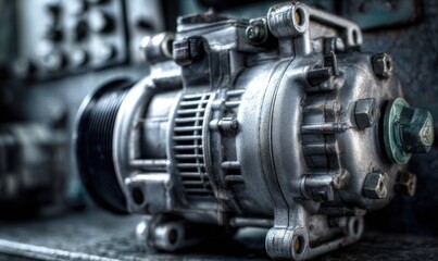 Fototapeta premium Close-up of a metallic industrial machine component with intricate details.