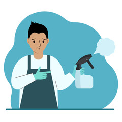 A man in gloves holds a spray bottle with disinfectant liquid, antiseptic or detergent. Home disinfection and hygiene.