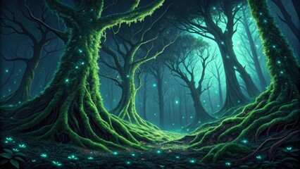 Obraz premium Enchanted forest scene with glowing flora and mystical atmosphere