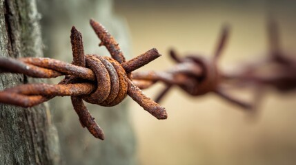 Close-up of rusty barbed wire fence with wooden post in blurred background.