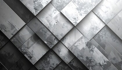 An abstract, geometric composition with a diagonal arrangement of textured, metallic-looking squares in shades of gray and white. The surfaces have imperfections