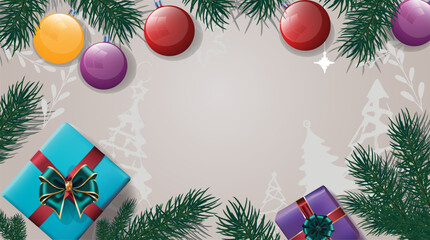 Festive Christmas background with fir branches, shiny ornaments, and wrapped presents, perfect for holiday cards, banners, and winter celebration designs