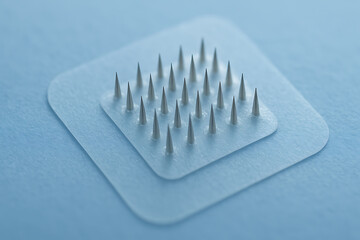 Macro photo of a microneedle patch placed on a smooth blue surface, showing fine needle tips designed for painless drug or vaccine delivery, representing innovation in modern medical