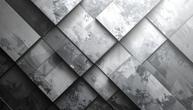 An abstract, geometric composition with a diagonal arrangement of textured, metallic-looking squares in shades of gray and white. The surfaces have imperfections - Powered by Adobe