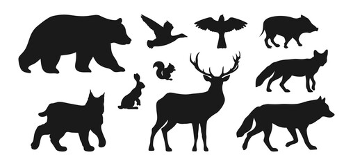 Silhouettes of forest animals and birds isolated on white background. Wild pig silhouette. Vector illustration