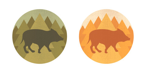 Round emblems with a wild boar silhouette on forest background. Wild pig. Forest animal. Vector illustration