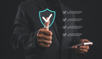 Quality management with Quality Assurance or QA and Quality Control or QC and improvement. Standardization and certification concept. Compliance to regulations and standards. Concept with manager.