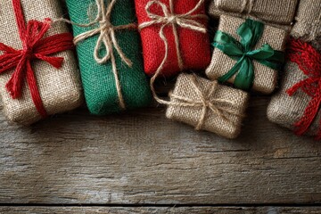 Fototapeta premium Holiday Raffia: Overhead Christmas Presents with Rustic Wood Background