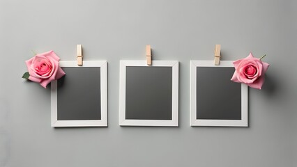 Three blank photo frames with pink roses on gray background