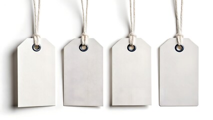 Four blank white price tags hanging on a white background