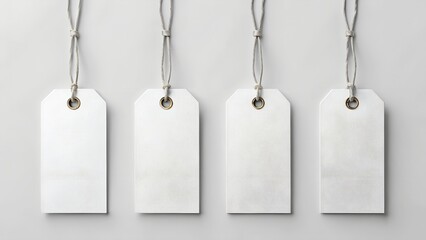 Four blank metallic price tags hanging on a grey background