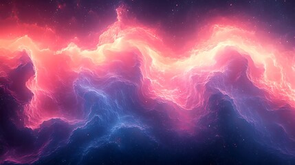 A vibrant nebula with pink and blue hues swirling in a cosmic display