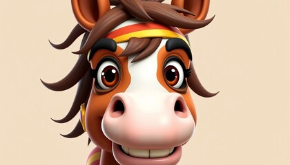 A close—up of a cartoon horse in a bizarre style: exaggerated features - huge expressive eyes, wide nostrils, a wide toothy smile and a disheveled mane
