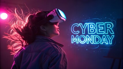 Woman wearing vr headset with neon cyber monday sign